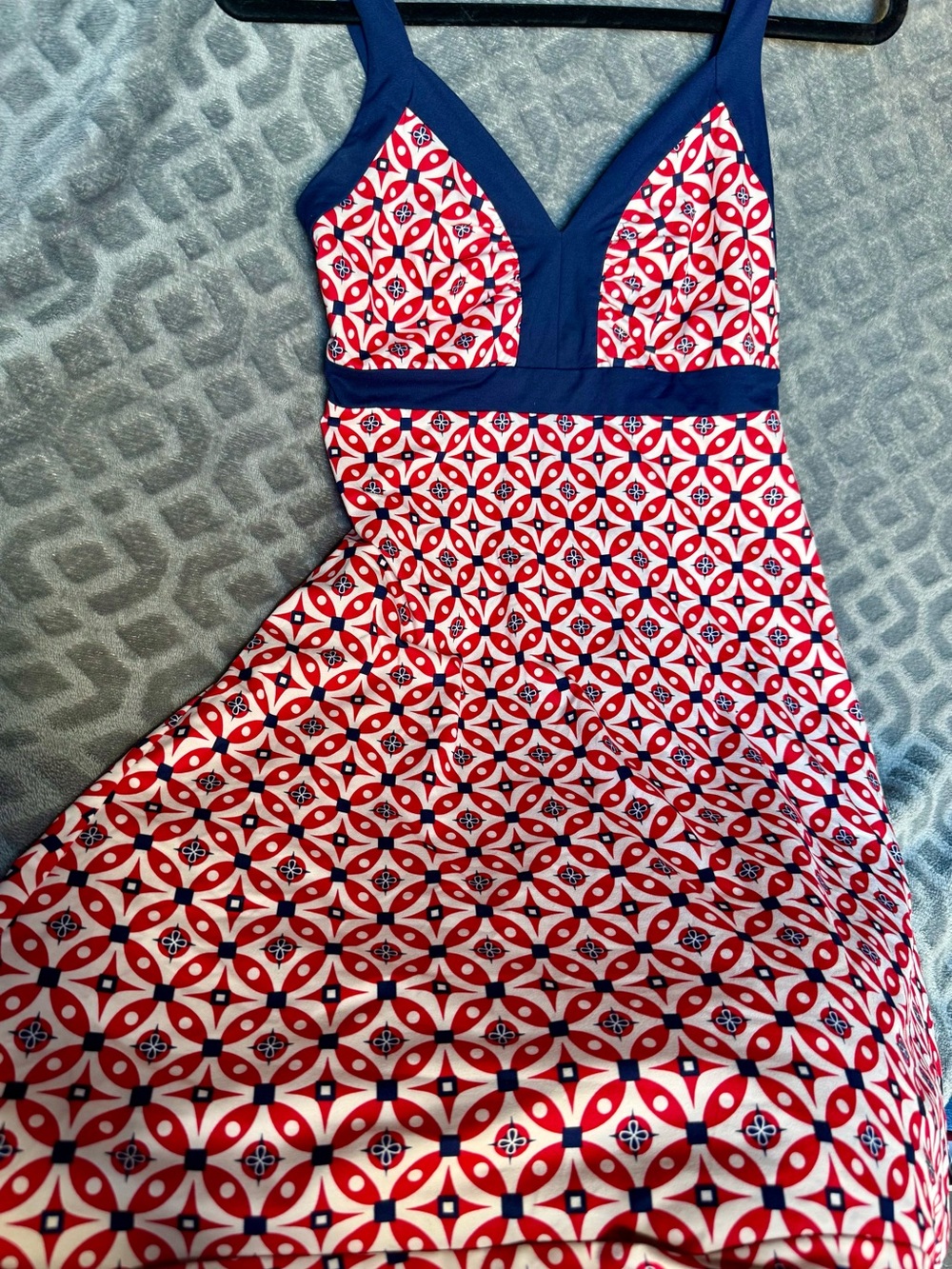 Patagonia Red & White Geometric Sundress with Navy Waistband